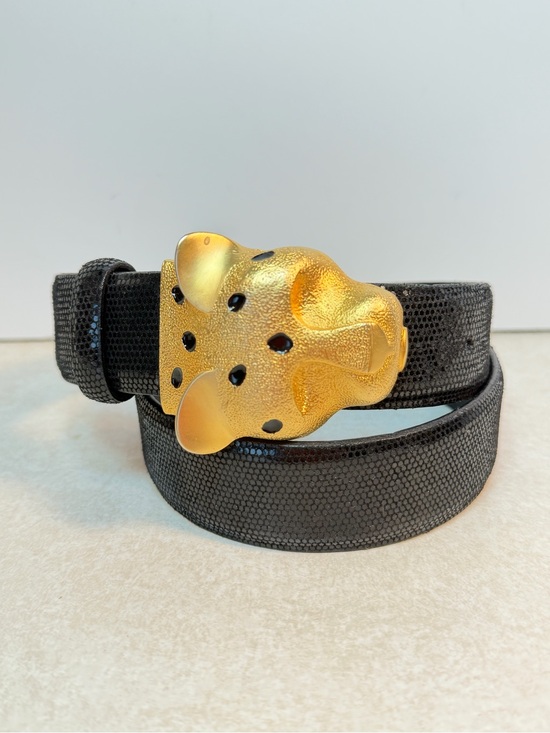 CARLISLE Black Leather Belt Gold Leopard Head Buckle Sz Small Vintage *Nice!* main image 8